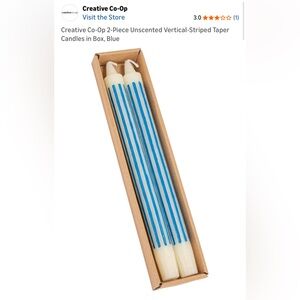 **NIB** Creative Co-Op 2-Piece Unscented Blue Vertical-Striped Taper Candles